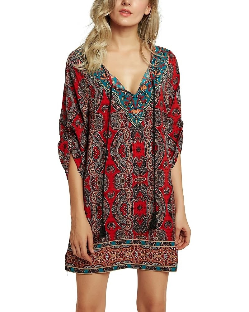 Women Bohemian Neck Tie Vintage Printed Ethnic Style Summer Shift Dress Pattern 15 $18.40 Dresses