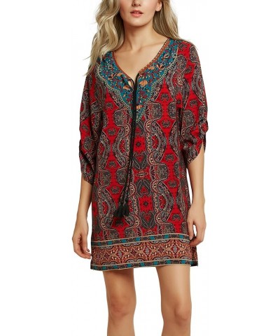 Women Bohemian Neck Tie Vintage Printed Ethnic Style Summer Shift Dress Pattern 15 $18.40 Dresses