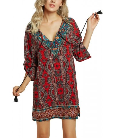 Women Bohemian Neck Tie Vintage Printed Ethnic Style Summer Shift Dress Pattern 15 $18.40 Dresses