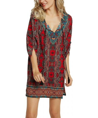 Women Bohemian Neck Tie Vintage Printed Ethnic Style Summer Shift Dress Pattern 15 $18.40 Dresses