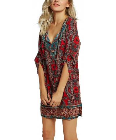 Women Bohemian Neck Tie Vintage Printed Ethnic Style Summer Shift Dress Pattern 15 $18.40 Dresses