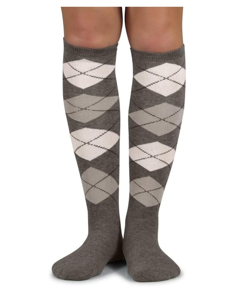 Elite Quality Colorful Soft Cotton Womens Argyle Knee High Socks Charcoal Gray/Light Gray/White $8.85 Socks