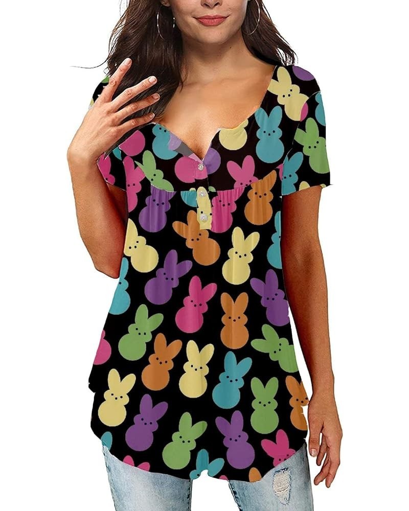 St Patrick's Day Women's Lucky Shamrocks Printed Button Collar Short Sleeve Pleated Tunic Tops Colorful Rabbit $14.00 Others