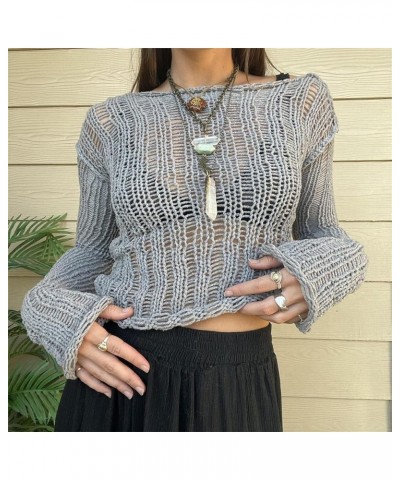 Women' s Y2K Crochet Crop Top See Through Hollow Out Sweater Pullover Long Sleeve Knit Color Block Casual Streetwear Grey 0b ...