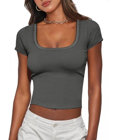 Women's Crop Tops Slim Fit Short Sleeve Square Neck Basic Tees Going Out Ribbed Tight T Shirts Grey $10.59 T-Shirts