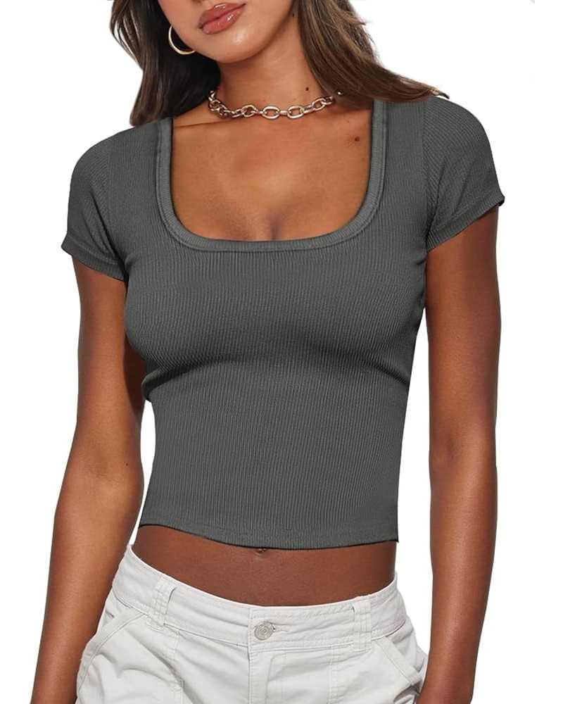 Women's Crop Tops Slim Fit Short Sleeve Square Neck Basic Tees Going Out Ribbed Tight T Shirts Grey $10.59 T-Shirts