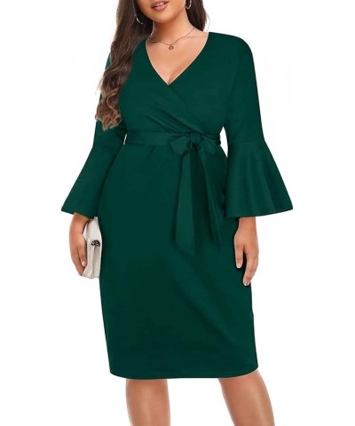 Women's Plus Size Wrap V Neck Bell Sleeve Belted Work Wedding Guest Bodycon Pencil Dress Green $29.39 Dresses