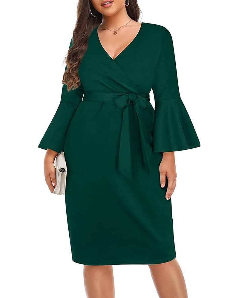 Women's Plus Size Wrap V Neck Bell Sleeve Belted Work Wedding Guest Bodycon Pencil Dress Green $29.39 Dresses