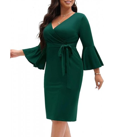 Women's Plus Size Wrap V Neck Bell Sleeve Belted Work Wedding Guest Bodycon Pencil Dress Green $29.39 Dresses