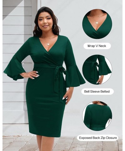 Women's Plus Size Wrap V Neck Bell Sleeve Belted Work Wedding Guest Bodycon Pencil Dress Green $29.39 Dresses