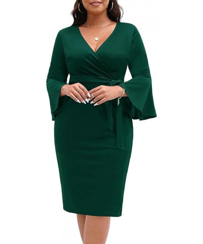 Women's Plus Size Wrap V Neck Bell Sleeve Belted Work Wedding Guest Bodycon Pencil Dress Green $29.39 Dresses