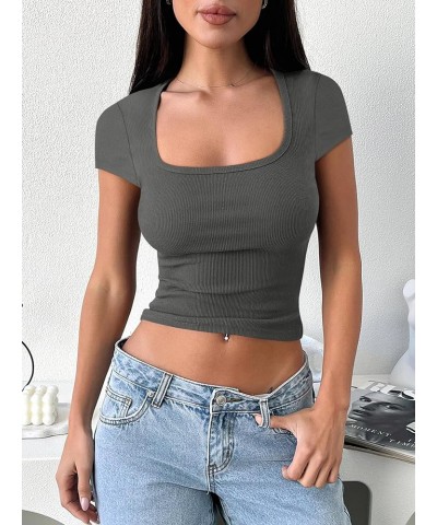 Women's Crop Tops Slim Fit Short Sleeve Square Neck Basic Tees Going Out Ribbed Tight T Shirts Grey $10.59 T-Shirts