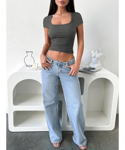 Women's Crop Tops Slim Fit Short Sleeve Square Neck Basic Tees Going Out Ribbed Tight T Shirts Grey $10.59 T-Shirts