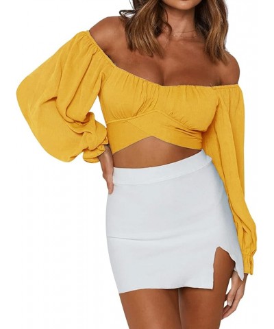 Women's Cute Off Shoulder Long Sleeve Self Tie Knot Crop Tube Top Blouse Ginger $16.63 Blouses