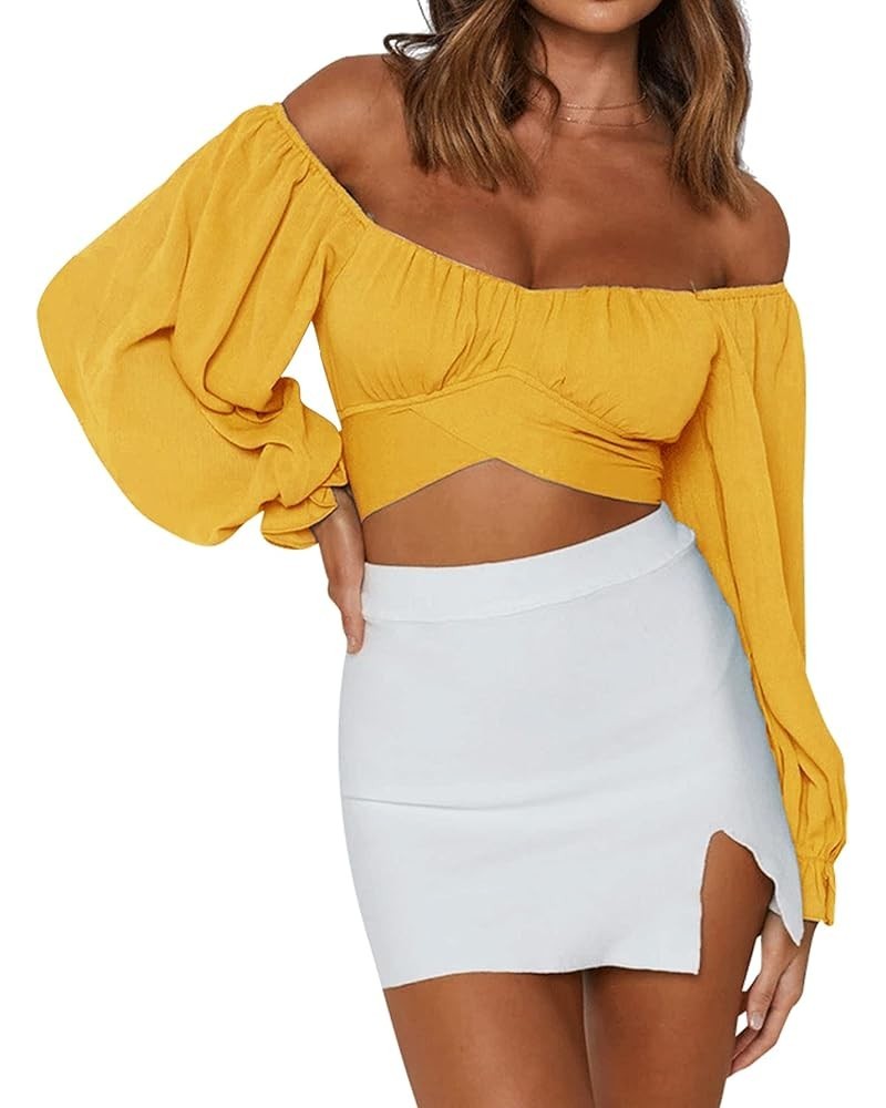 Women's Cute Off Shoulder Long Sleeve Self Tie Knot Crop Tube Top Blouse Ginger $16.63 Blouses