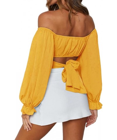 Women's Cute Off Shoulder Long Sleeve Self Tie Knot Crop Tube Top Blouse Ginger $16.63 Blouses