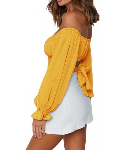 Women's Cute Off Shoulder Long Sleeve Self Tie Knot Crop Tube Top Blouse Ginger $16.63 Blouses