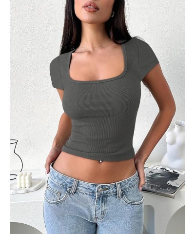 Women's Crop Tops Slim Fit Short Sleeve Square Neck Basic Tees Going Out Ribbed Tight T Shirts Grey $10.59 T-Shirts