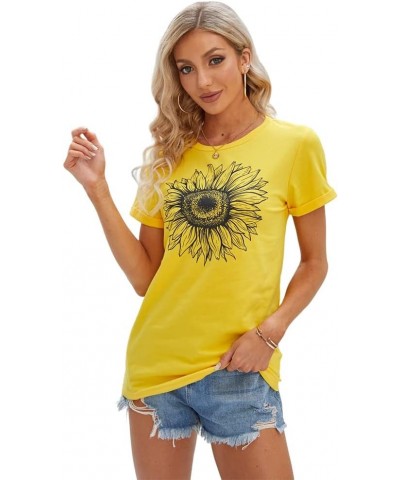 Women's T Shirts Short Sleeve Tees Sunflower Graphic Loose Summer Tops Yellow $11.00 T-Shirts