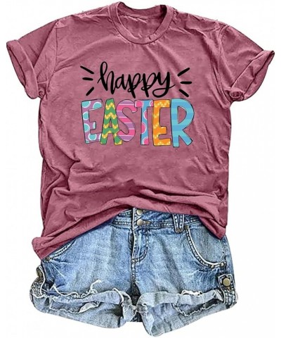 Women Happy Easter T Shirt Cute Easter Letter Graphic Tee Easter Day Casual Tops Pink $11.99 T-Shirts