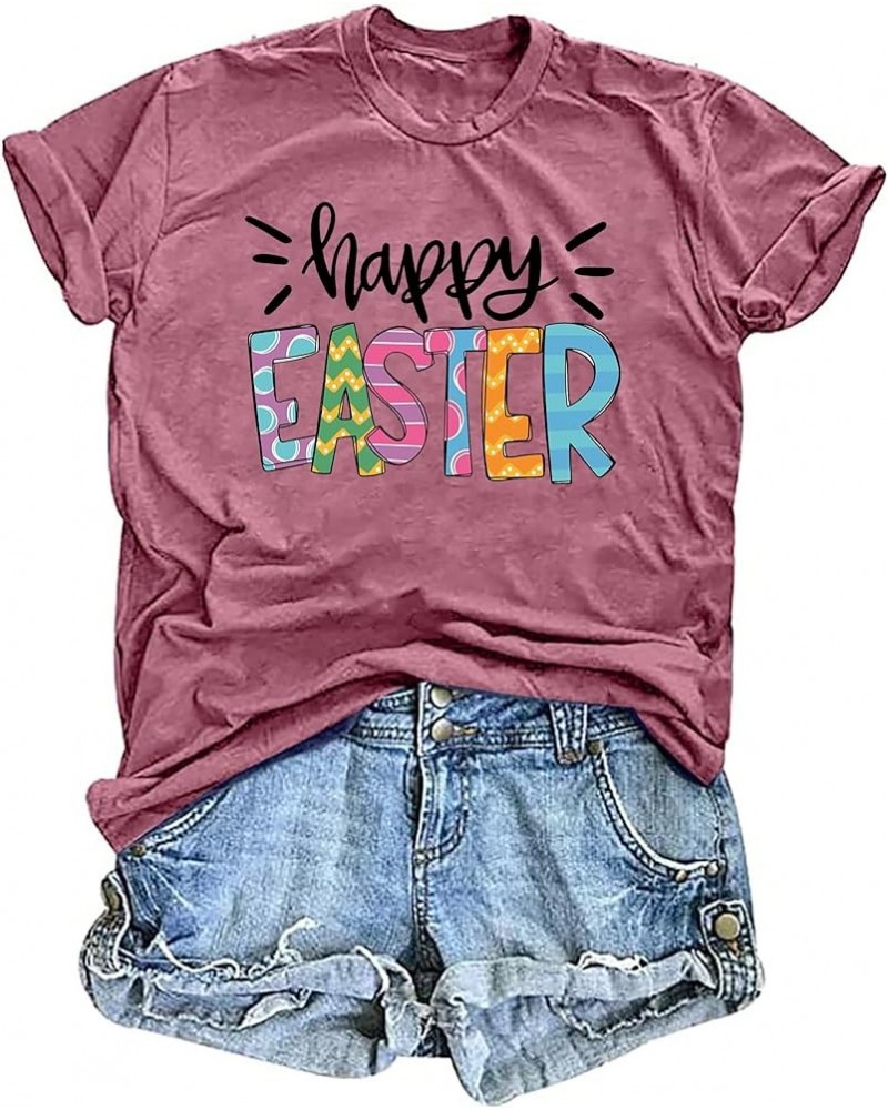 Women Happy Easter T Shirt Cute Easter Letter Graphic Tee Easter Day Casual Tops Pink $11.99 T-Shirts