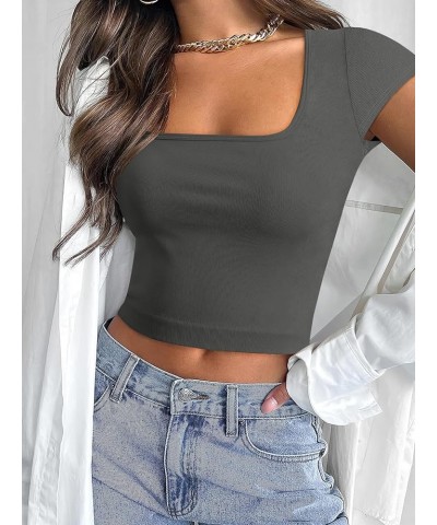 Women's Crop Tops Slim Fit Short Sleeve Square Neck Basic Tees Going Out Ribbed Tight T Shirts Grey $10.59 T-Shirts