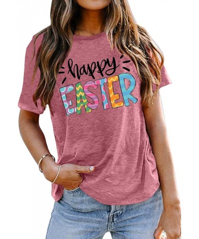 Women Happy Easter T Shirt Cute Easter Letter Graphic Tee Easter Day Casual Tops Pink $11.99 T-Shirts