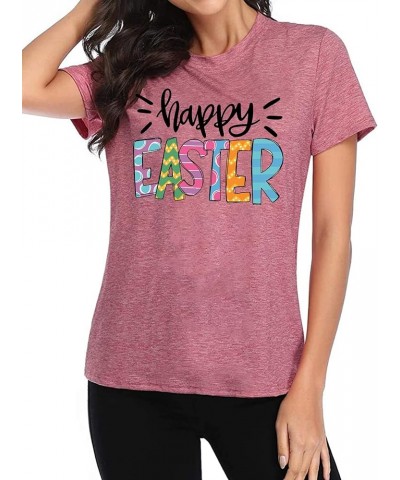 Women Happy Easter T Shirt Cute Easter Letter Graphic Tee Easter Day Casual Tops Pink $11.99 T-Shirts