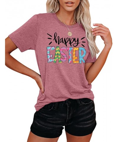 Women Happy Easter T Shirt Cute Easter Letter Graphic Tee Easter Day Casual Tops Pink $11.99 T-Shirts