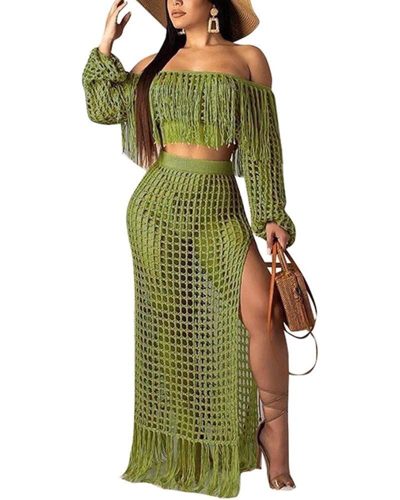 Women's 2pcs Bikini Swimsuit Cover up Beach Outfits Hollow Out Long Sleeve Crop Top Slit Maxi Skirt Dress Set Green $21.07 Sw...