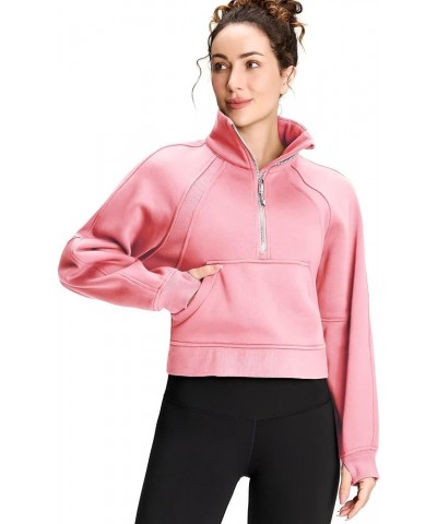 Womens' Half Zip Pullover Fleece Stand Collar Crop Sweatshirt with Pockets Thumb Hole Pink $21.99 Hoodies & Sweatshirts