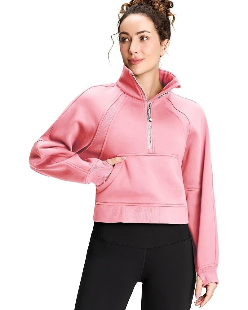 Womens' Half Zip Pullover Fleece Stand Collar Crop Sweatshirt with Pockets Thumb Hole Pink $21.99 Hoodies & Sweatshirts