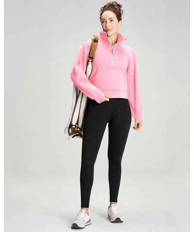 Womens' Half Zip Pullover Fleece Stand Collar Crop Sweatshirt with Pockets Thumb Hole Pink $21.99 Hoodies & Sweatshirts