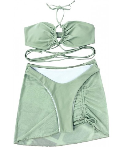 Women's 3 Piece Swimsuit Criss Cross Halter Bikini Set Bathing Suit and Drawstring Beach Skirt Olive Green $12.30 Swimsuits