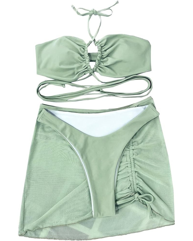 Women's 3 Piece Swimsuit Criss Cross Halter Bikini Set Bathing Suit and Drawstring Beach Skirt Olive Green $12.30 Swimsuits