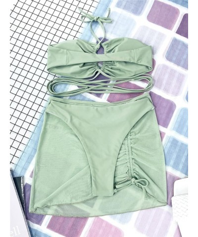 Women's 3 Piece Swimsuit Criss Cross Halter Bikini Set Bathing Suit and Drawstring Beach Skirt Olive Green $12.30 Swimsuits