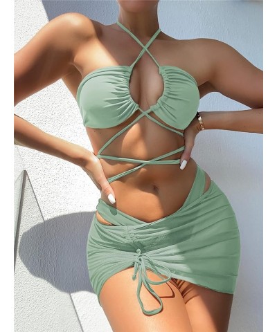 Women's 3 Piece Swimsuit Criss Cross Halter Bikini Set Bathing Suit and Drawstring Beach Skirt Olive Green $12.30 Swimsuits