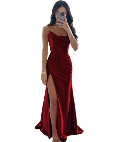 Strapless Satin Bridesmaid Dresses Long for Women Formal Pleated Mermaid Corset Prom Dress with Slit Burgundy $43.19 Dresses