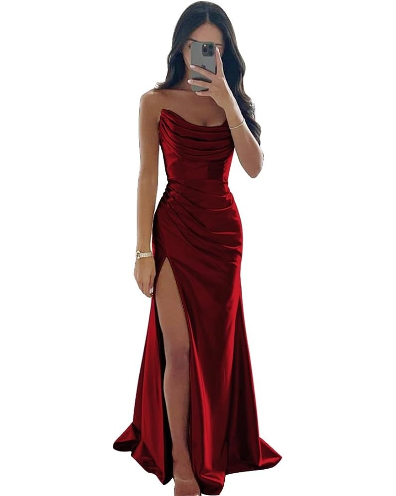 Strapless Satin Bridesmaid Dresses Long for Women Formal Pleated Mermaid Corset Prom Dress with Slit Burgundy $43.19 Dresses