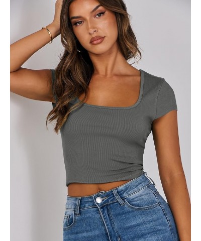 Women's Crop Tops Slim Fit Short Sleeve Square Neck Basic Tees Going Out Ribbed Tight T Shirts Grey $10.59 T-Shirts