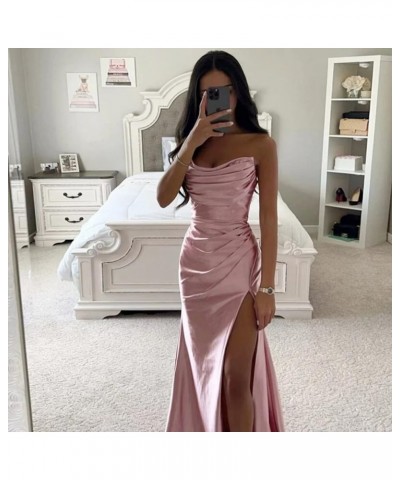 Strapless Satin Bridesmaid Dresses Long for Women Formal Pleated Mermaid Corset Prom Dress with Slit Burgundy $43.19 Dresses