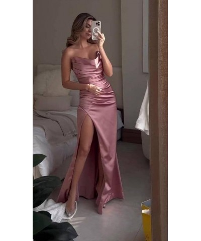 Strapless Satin Bridesmaid Dresses Long for Women Formal Pleated Mermaid Corset Prom Dress with Slit Burgundy $43.19 Dresses