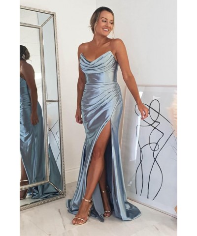 Strapless Satin Bridesmaid Dresses Long for Women Formal Pleated Mermaid Corset Prom Dress with Slit Burgundy $43.19 Dresses