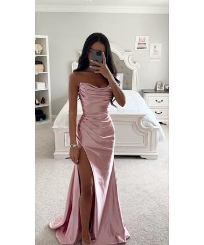 Strapless Satin Bridesmaid Dresses Long for Women Formal Pleated Mermaid Corset Prom Dress with Slit Burgundy $43.19 Dresses