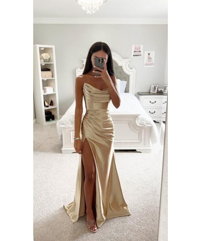 Strapless Satin Bridesmaid Dresses Long for Women Formal Pleated Mermaid Corset Prom Dress with Slit Burgundy $43.19 Dresses