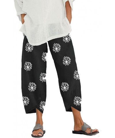 Women's Loose Plus Size Cotton Wide Leg Pants Linen Elastic Waist Casual Cropped Trousers with Pockets Black 2 $13.24 Pants