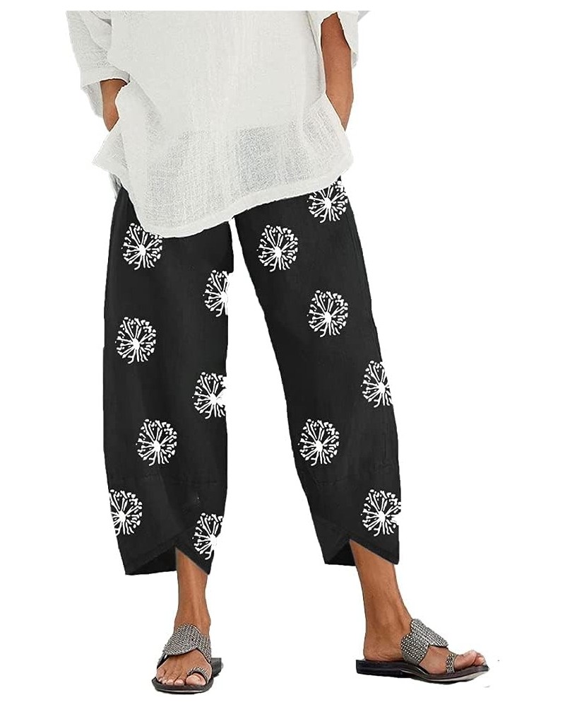 Women's Loose Plus Size Cotton Wide Leg Pants Linen Elastic Waist Casual Cropped Trousers with Pockets Black 2 $13.24 Pants