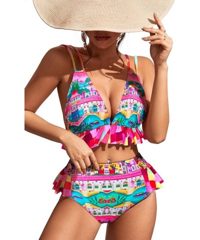 Women High Waisted Swimsuit Ruffle V Neck Bikini Two Pieces Swimwear Print 2 $15.20 Swimsuits