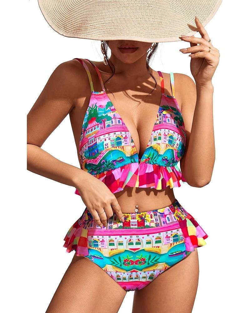 Women High Waisted Swimsuit Ruffle V Neck Bikini Two Pieces Swimwear Print 2 $15.20 Swimsuits