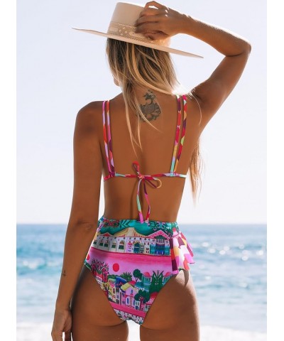 Women High Waisted Swimsuit Ruffle V Neck Bikini Two Pieces Swimwear Print 2 $15.20 Swimsuits